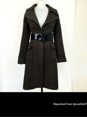 Zara Black and Brown Herringbone Wool Blend Coat with Patent Waist Belt